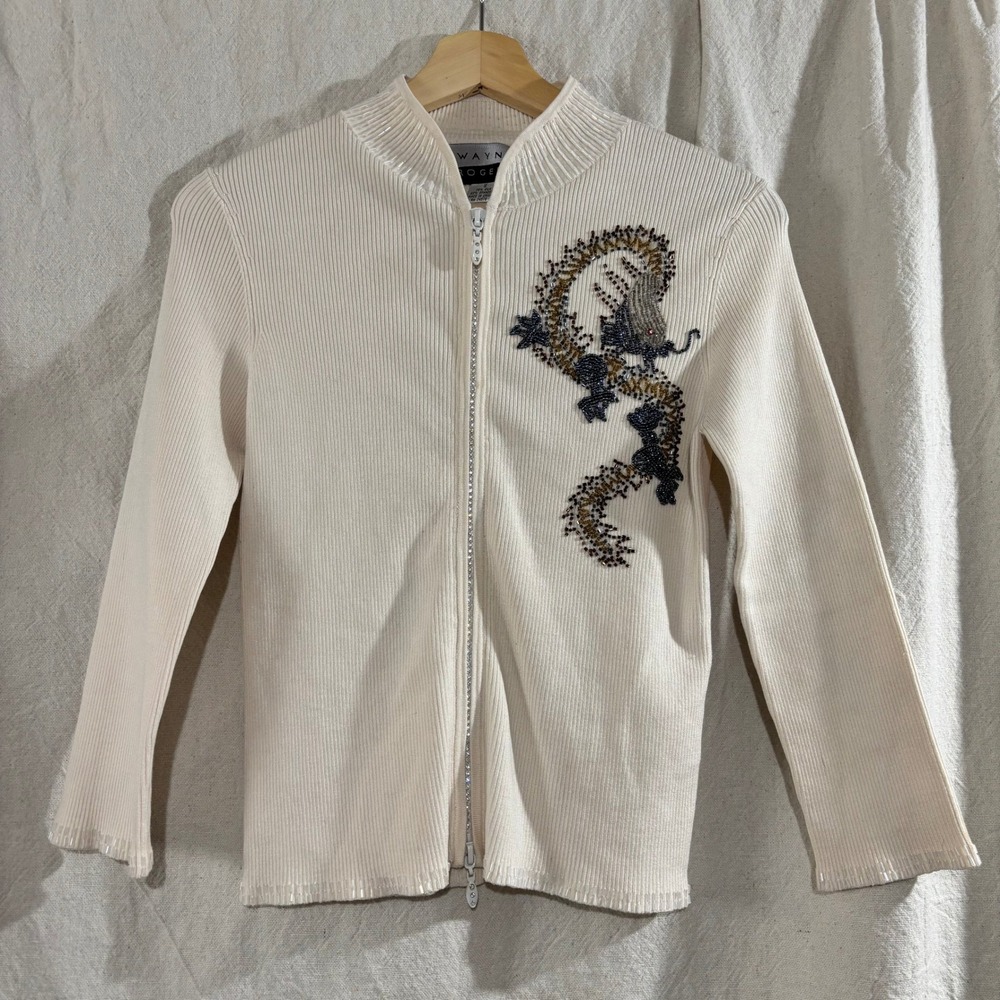 Wayne Rogers Vintage 90s Silk Blend Beaded Dragon Zip Ribbed Cardigan Cream S